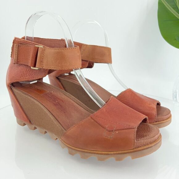 Sorel Joanie II Sandals Women's 10.5 Brown Leather Lace Up Lug Sole Wedge Heel - Picture 1 of 15